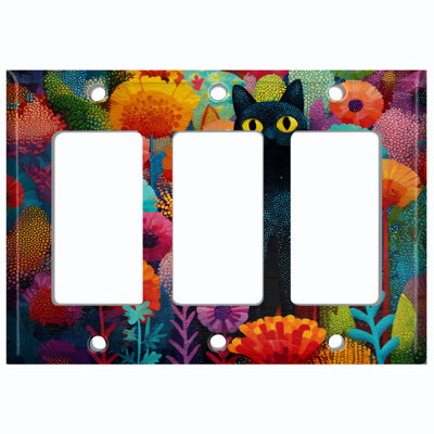 Couvercle de plaque d'interrupteur en métal; Chaise berçante GFI 3 bandes US Standard - Fleurs vibrantes et chat noir