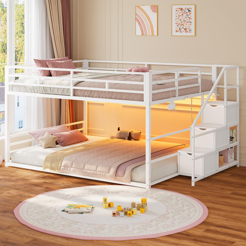 Twin Over Twin Low Bunk Bed With Storage Staircase, Drawers And Shelves, Led Lights, Power Outlet, Full-length Guardrail, For Small Space