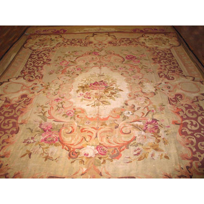 Mid 18th century Antique Floral Medallion Design Flat Woven French Aubusson Carpet