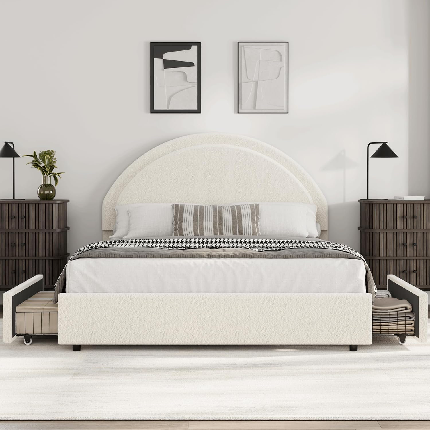 Ebern Designs Modern Boucle Upholstered Platform Bed Frame with 2 ...