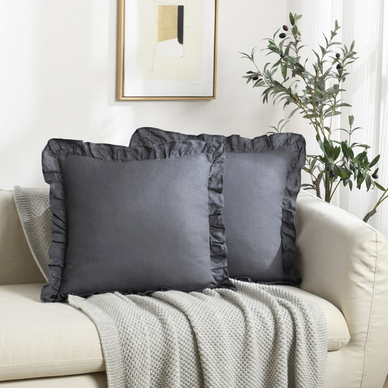 Housses de coussin à franges en lin, Bleu, H 18 po x l 18 po