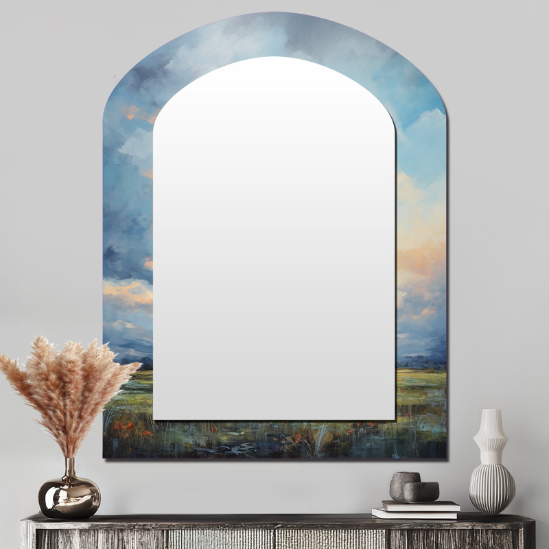 Meadow Bold Horizon III - grand miroir mural Meadow Arch, miroir décoratif asymétrique vert, impression d'art en métal