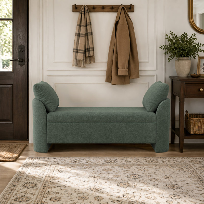 Banc de rangement moderne rembourré avec coussins, banc de chambre en chenille avec côtés incurvés, Green