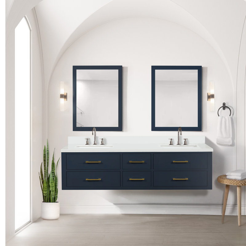 Ensemble de meuble-lavabo double mural 72 "avec miroir, Bleu, Marbre de culture blanc