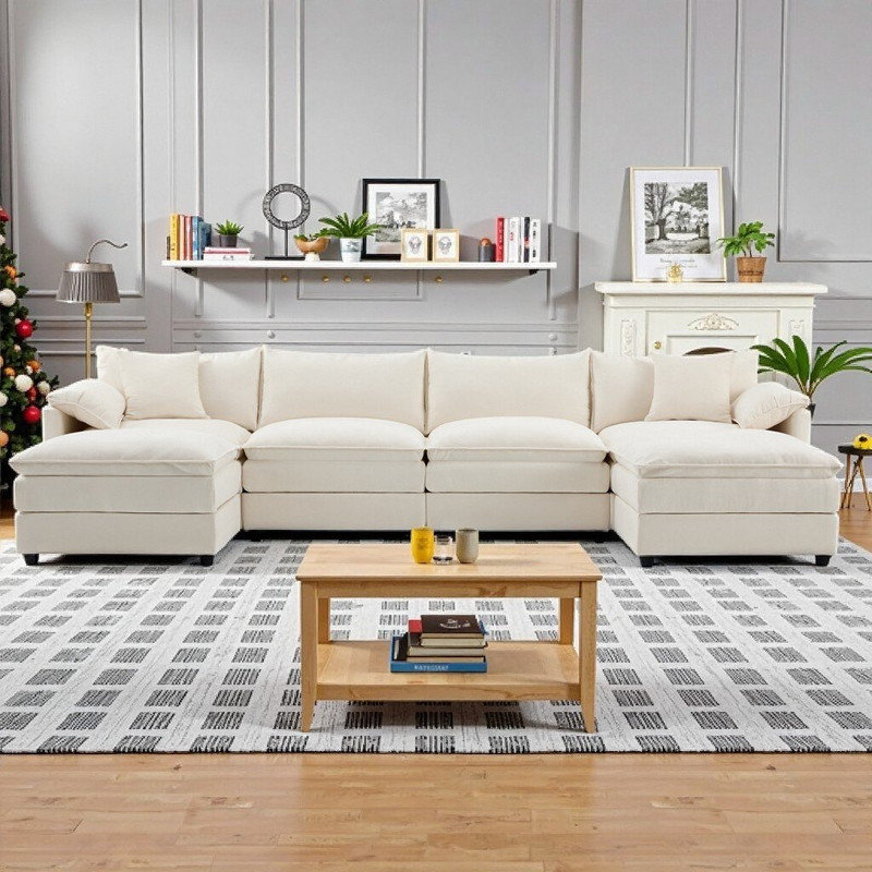 Ensemble de canapé modulaire en forme de U 136 po avec siège profond 136 po Chenille, Blanc