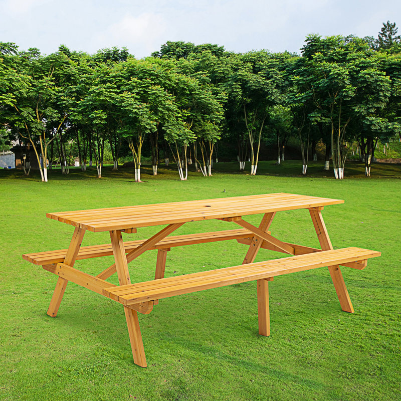 8 Person Picnic Table, Outdoor Camping Dining Table With 2 Built-In Benches, Yellow