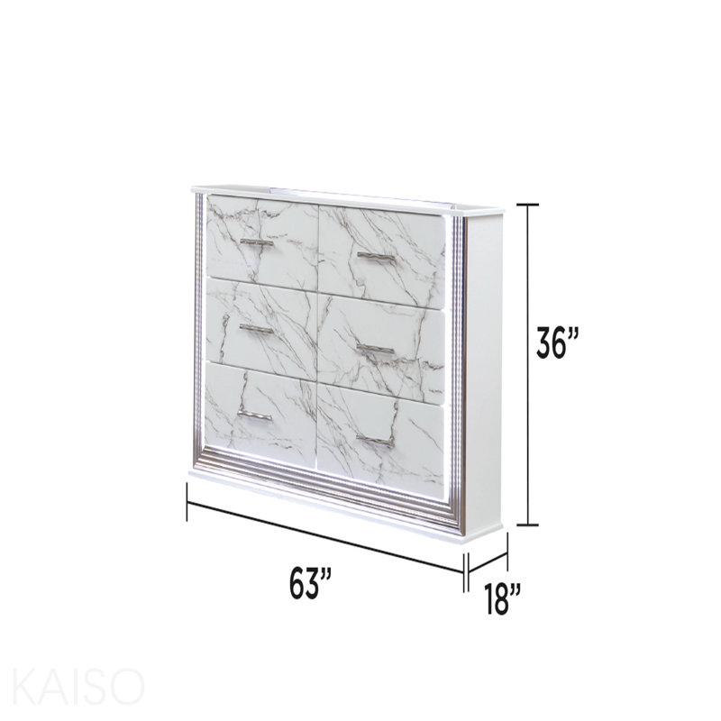 Commode à tiroirs en marbre avec finition blanche élégante, poignée métallique et six tiroirs spacieux pour un rangement élégant dans la chambre à coucher