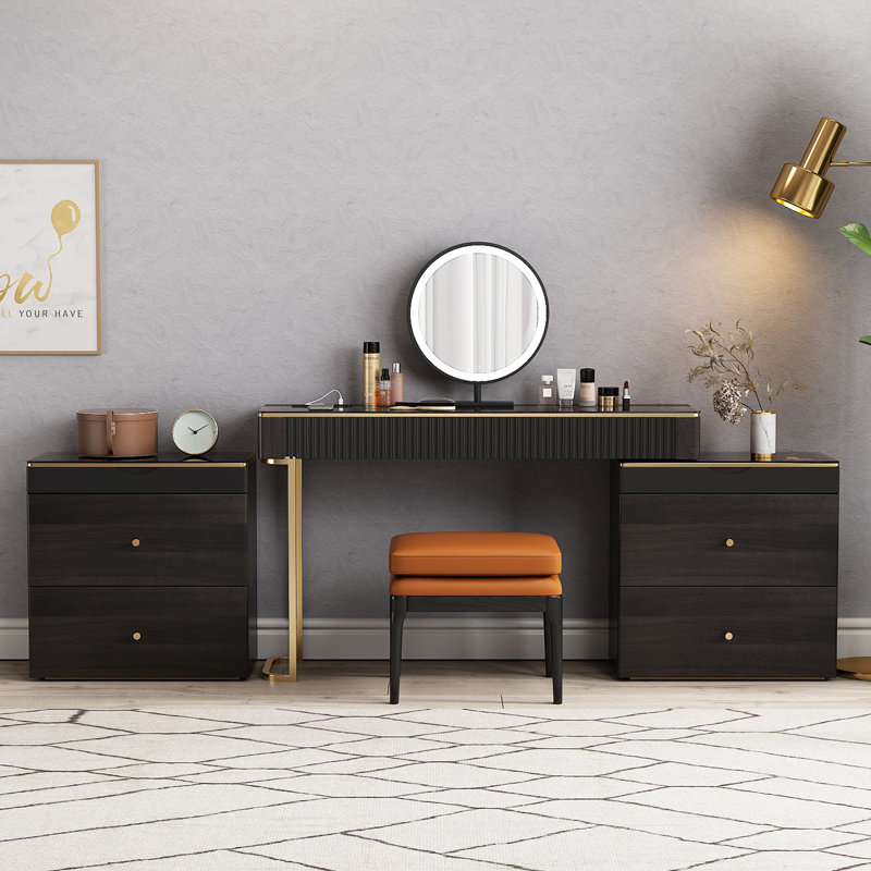 Glass countertop vanity set with built-in outlet, stool included, extra storage space, very easy to assemble, Black