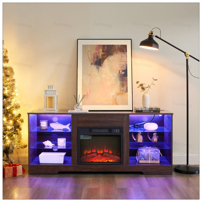 Meuble télé avec foyer électrique, tablettes en verre, lumières DEL et charge USB, centre de table de télévision moderne