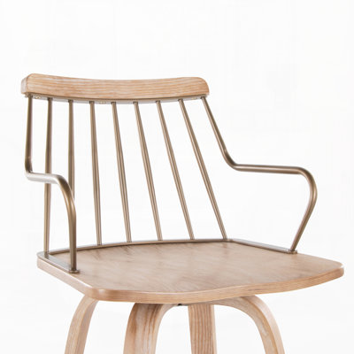 Fixed-Height Barstool with Swivel in Whitewashed Wood and Antique Copper Metal with Square Antique Copper Metal Footrest,Set of 1