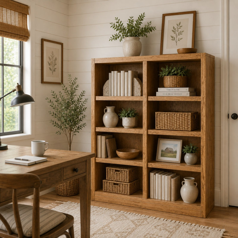 Backacre Double Wide Wood Bookcase, 8 Bookshelf,  48 inch Tall Storage and Display Bookshelf for Home Office and Living Room