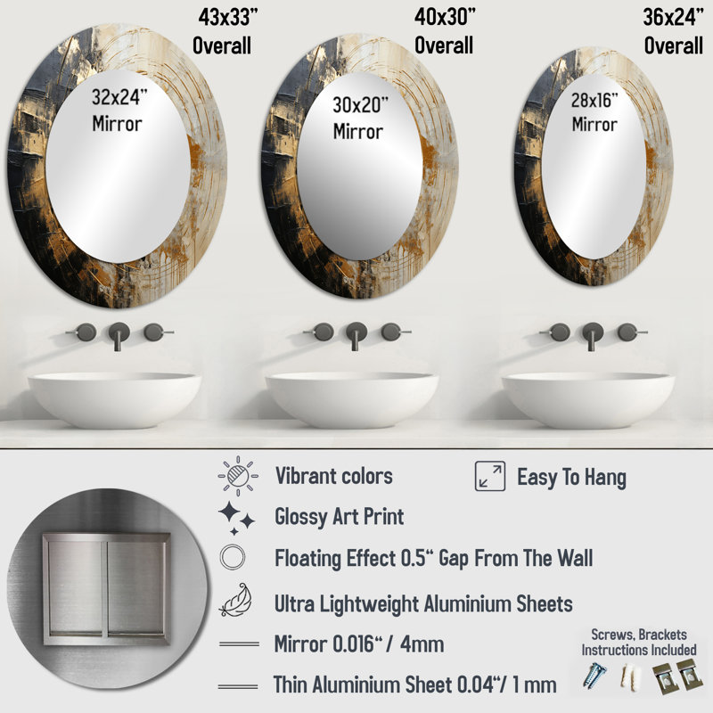 Minimalism Vortex Poteries - Gold Modern Oval Wall Mirror, 36" x 24"