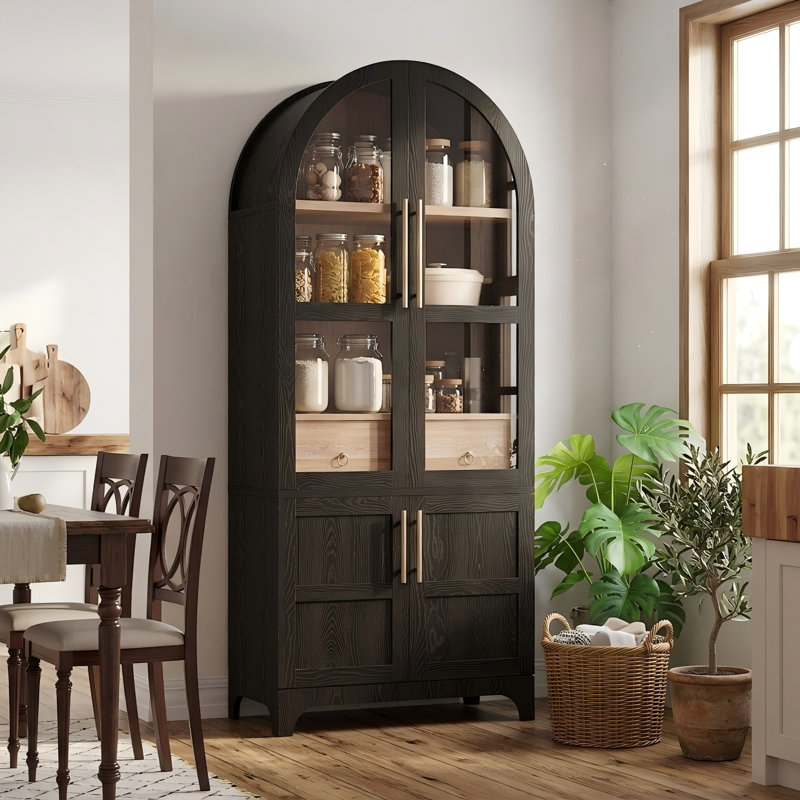 Grand garde-manger arqué 71 po avec porte vitrée et 4 tablettes, Black