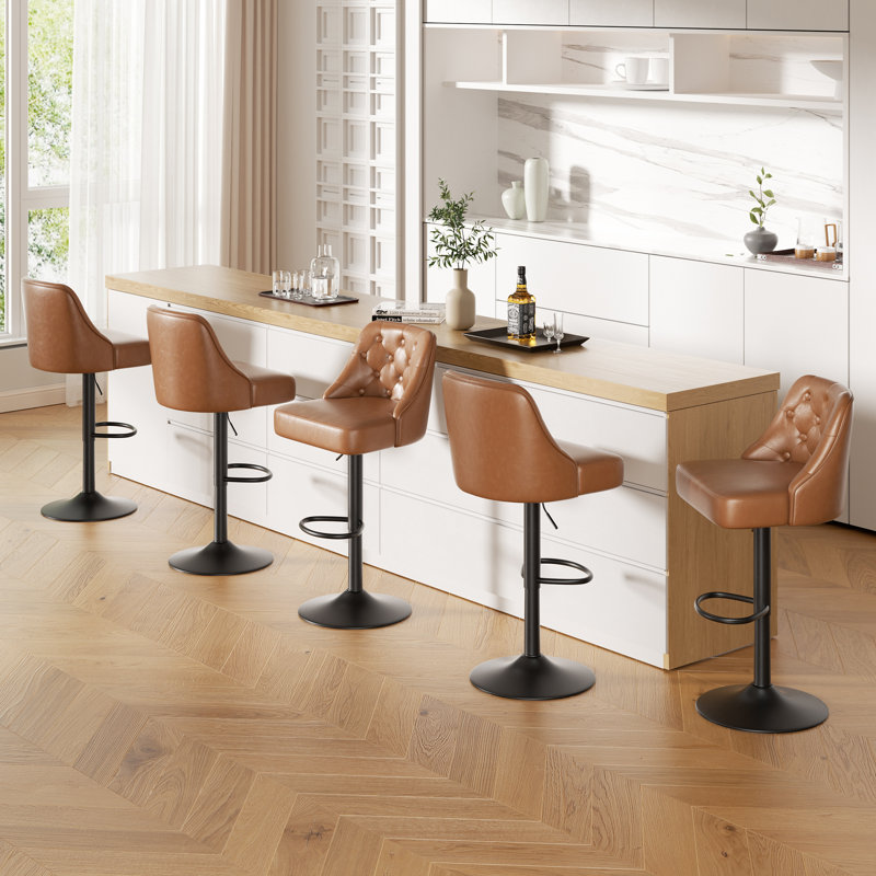 Tabouret de bar rotatif à 360 degrés en faux cuir avec coutures à boutons, Marron clair, 4