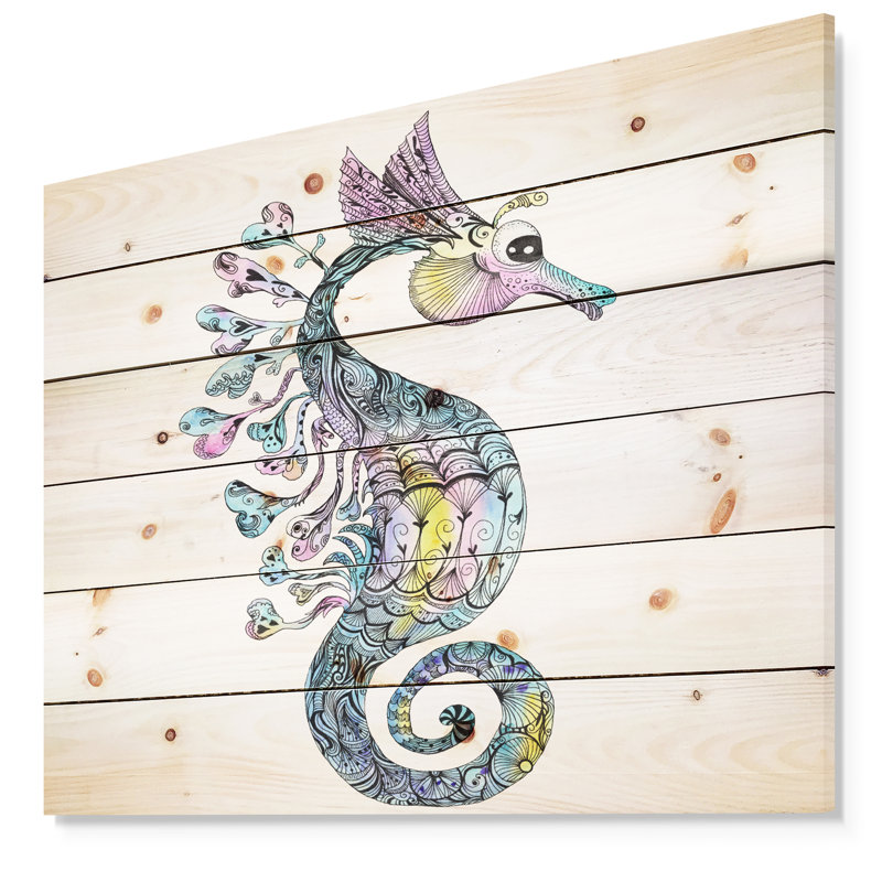Hippocampe coloré aquarelle - art mural animal, Bois, H 30 po x l 40 po x 1,5 po