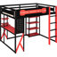 Lit mezzanine pleine grandeur avec bureau, étagères et station de recharge, en noir et rouge, pour une chambre confortable et bien organisée.