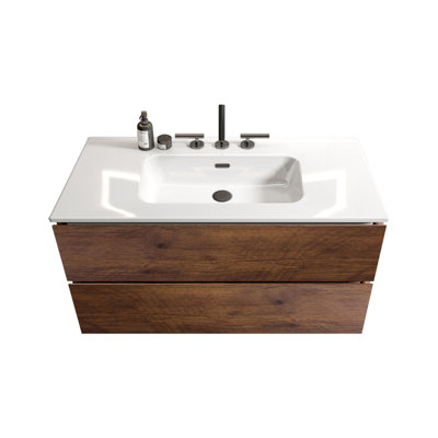 Armoire de salle de bain moderne 36 po, blanc + noyer, lavabo en céramique, 3 trous de robinet, beaucoup de rangement, meuble-lavabo à tiroirs silencieux blanc et noyer, fixation murale 36 po, capacité, lavabo avec trois
