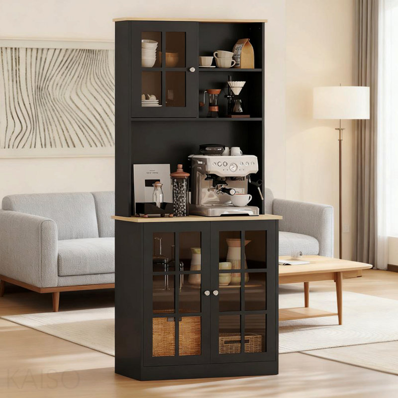 Grande armoire de rangement autoportante avec rangement pour garde-manger, grandes portes en verre et tablettes réglables pour la salle à manger