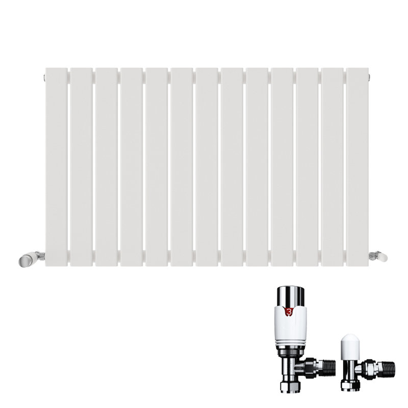 iBathUK Belgravia Horizontal Single Slim Flat Panel Radiator Angled Valve, White, 600cm H x 988cm W x 52cm D