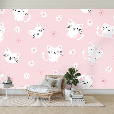 Peel and Stick Wallpaper 144" W x 100" H Modern Self Adhesive Wall Mural for Bedroom Seamless cat kitten head paw prints little daisies pink Cute cartoon