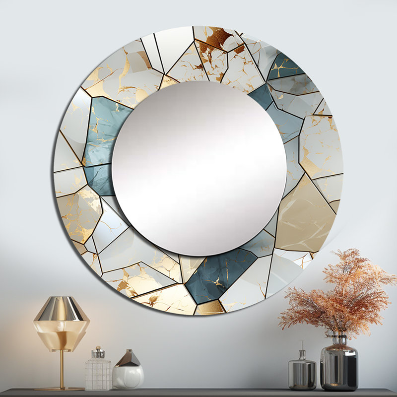Teal And Grey Marble Harmony - marble Large Wall Mirror, Teal Round Unique Mirror, Printed Metal Art, 23" x 23"