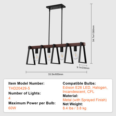 Suspension à 4 lumières pour îlot de cuisine, 60 W, luminaire réglable pour salle à manger avec 2 tiges de 15 cm et 6 tiges de 30 cm, culot E26, lustre linéaire de style ferme avec structure métallique industrielle.