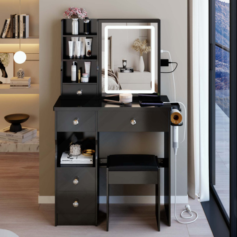 Small Size Left Drawer Desktop Vanity Table + Cushioned Stool, 2 AC+2 USB Power Station, Hair Dryer Bracket, Extra Large Touch Control Sliding LED Mirror, Tri-Color Switching, Brightness Adjust