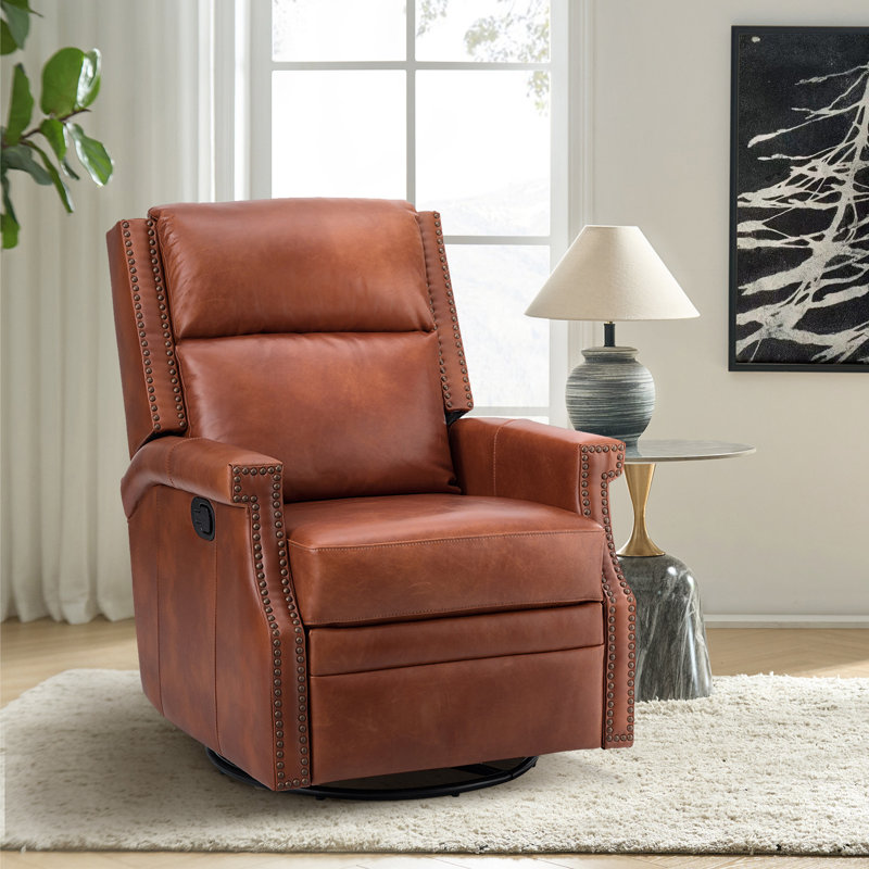 Manning 29.6" Wide Genuine Leather Manual Recliner, Brown Pebbled Genuine Leather