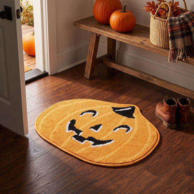Décoration d'Halloween : Tapis de porte citrouille en forme de O, tapis mignon pour l'entrée, la salle de bain et la décoration intérieure.