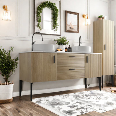 Grand meuble-lavabo en chêne avec lavabo en céramique pour salles de bains modernes