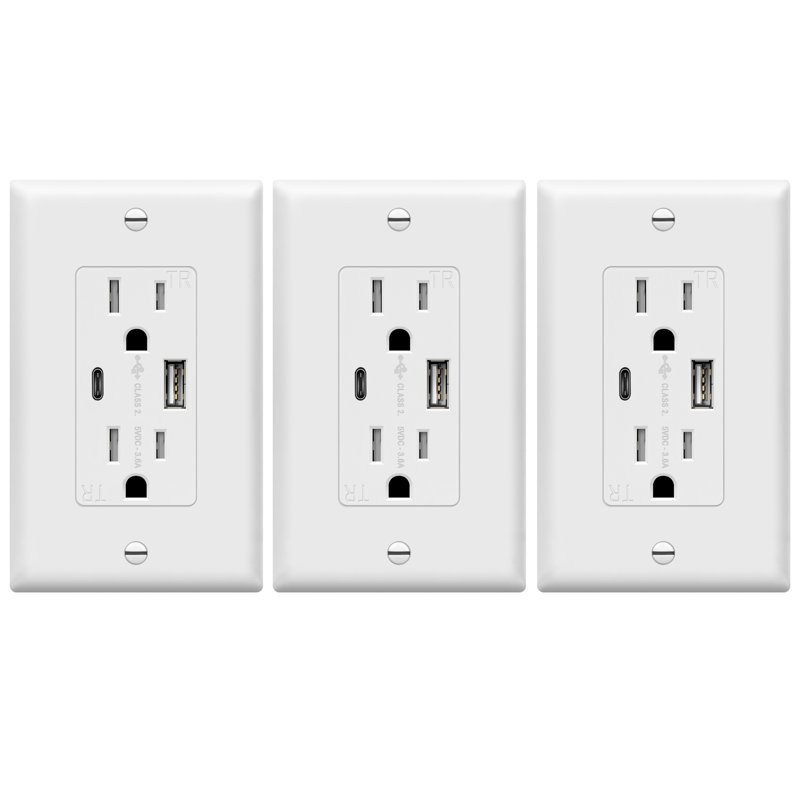 Chargeur de prise murale TopGreener USB, type C et type A, réceptacle de décoration 15A - blanc, avec plaque murale (paquet de 3)
