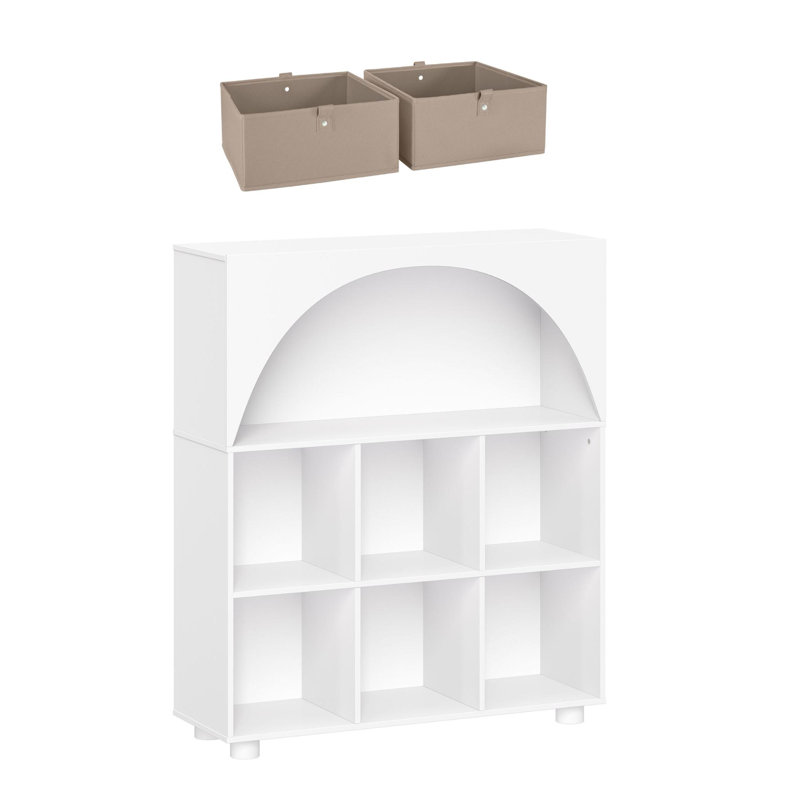 Arched 35 In. 6 Cubby Storage Cabinet With 2Pc Half Size Bins, White/Taupe