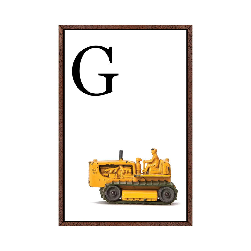 G Bulldozer Yellow White Letter - Print on Canvas, 66.04 cm H x 45.72 cm W, Classic Brown Wood Framed