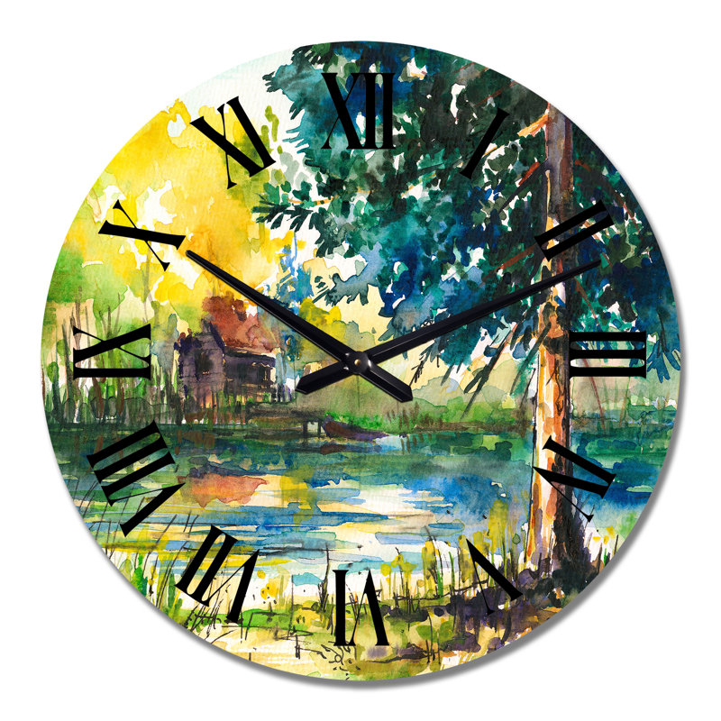 Paysage avec arbre bleu au bord de l'eau - horloge murale Country, Moyen