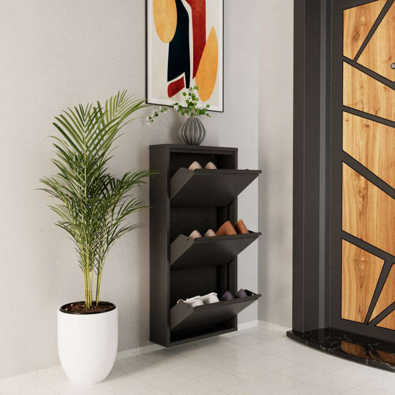 Modern Shoe Cabinet, 100% Metal, Anthracite Color, 19.7 x 40.6 x 5.9 inches | Thickness: 0.03 inches | Wall Mountable, Centrally Opening Doors with Magnetic Holders | Stylish Storage Solution for Any Entryway