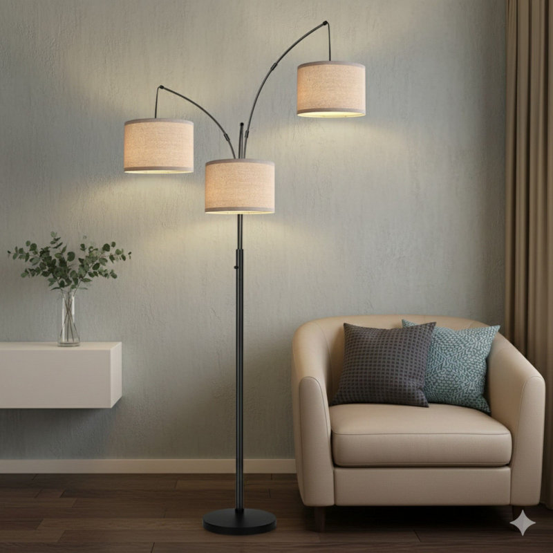 Dimmable Floor Lamp - 3 Lights Arc Floor Lamps For Living Room, 1000LM Modern Tall Standing Lamp With Beige Shades & Heavy Base, Mid Century Tree Floor Lamp For Bedroom Office, 3 LED Bulbs Included