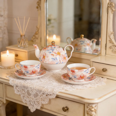 Ensemble de théière et tasse en céramique pour une personne, ensemble de thé en porcelaine à motif floral pour la maison, le bureau ou le thé, comprenant une théière, une tasse et une soucoupe