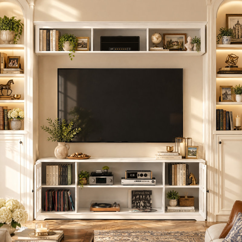 68.1" W 2-Piece TV Stand for TVs up to 65" with Wall-Mounted Bridge and Adjustable Shelves, White