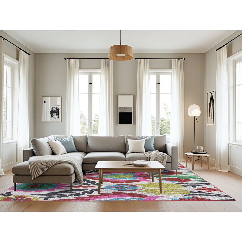 Tapis rose/bleu/vert à motifs, Rectangle 8 pi x 10 pi