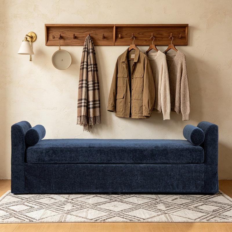 CHIRA  Oversized Bed Ottoman, Blue Chenille Upholstered Extra Long Bench with Arms, Blue