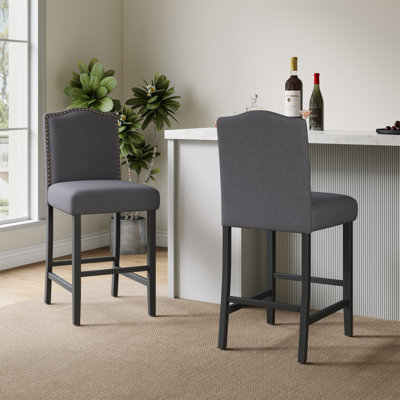 Set Of 2, 26.25" Upholstered Counter Height Barstools With Nailhead Trim, Dark Charcoal And Walnut, Fabric