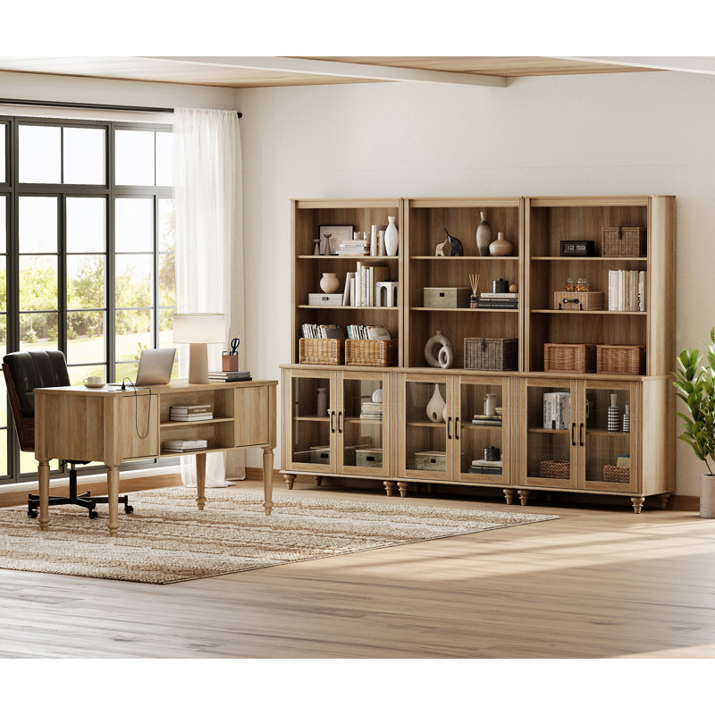 2 - Piece Office Set, 56" Executive Desk & Set Of 3 Bookcases With Glass Doors, Oak