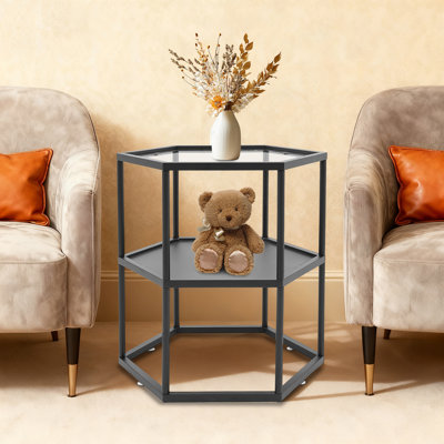 Table de bout hexagonale à 2 niveaux avec table de bout en fer et table d'appoint avec plateau en verre de 24 pouces pour le salon, la chambre et le balcon