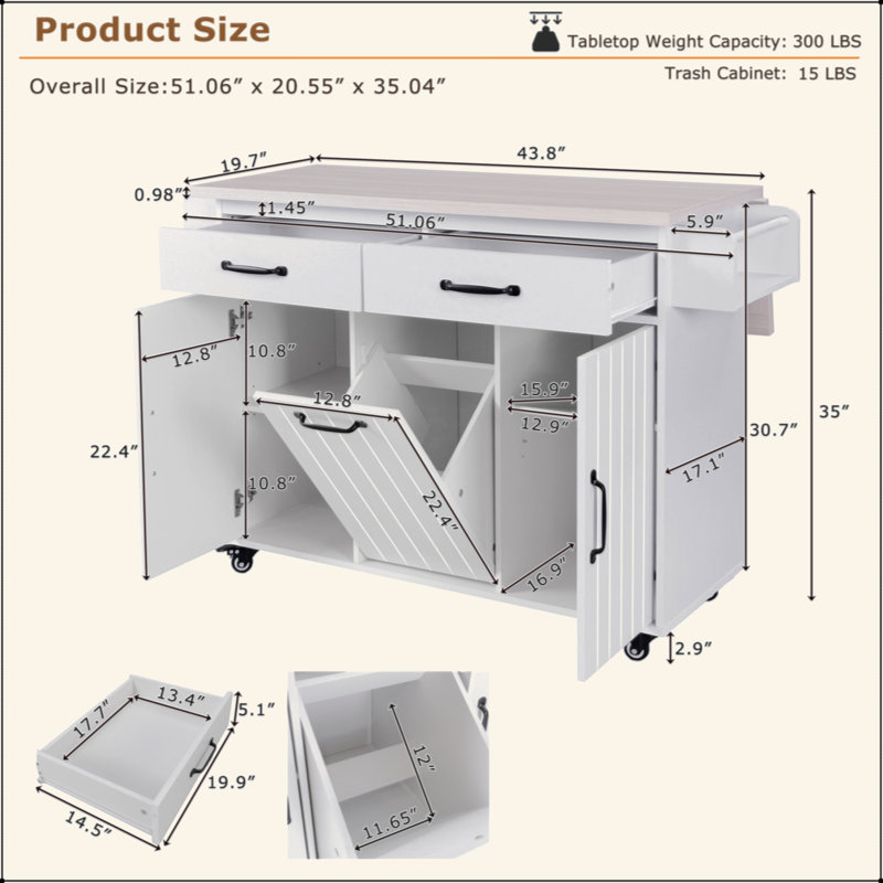 Kitchen Island With Trash Can Storage Cabinet, Kitchen Cart With Drop Leaf, Spice Rack, Towel Rack And Drawer, Rolling Kitchen Island On Wheels With Adjustable Shelf