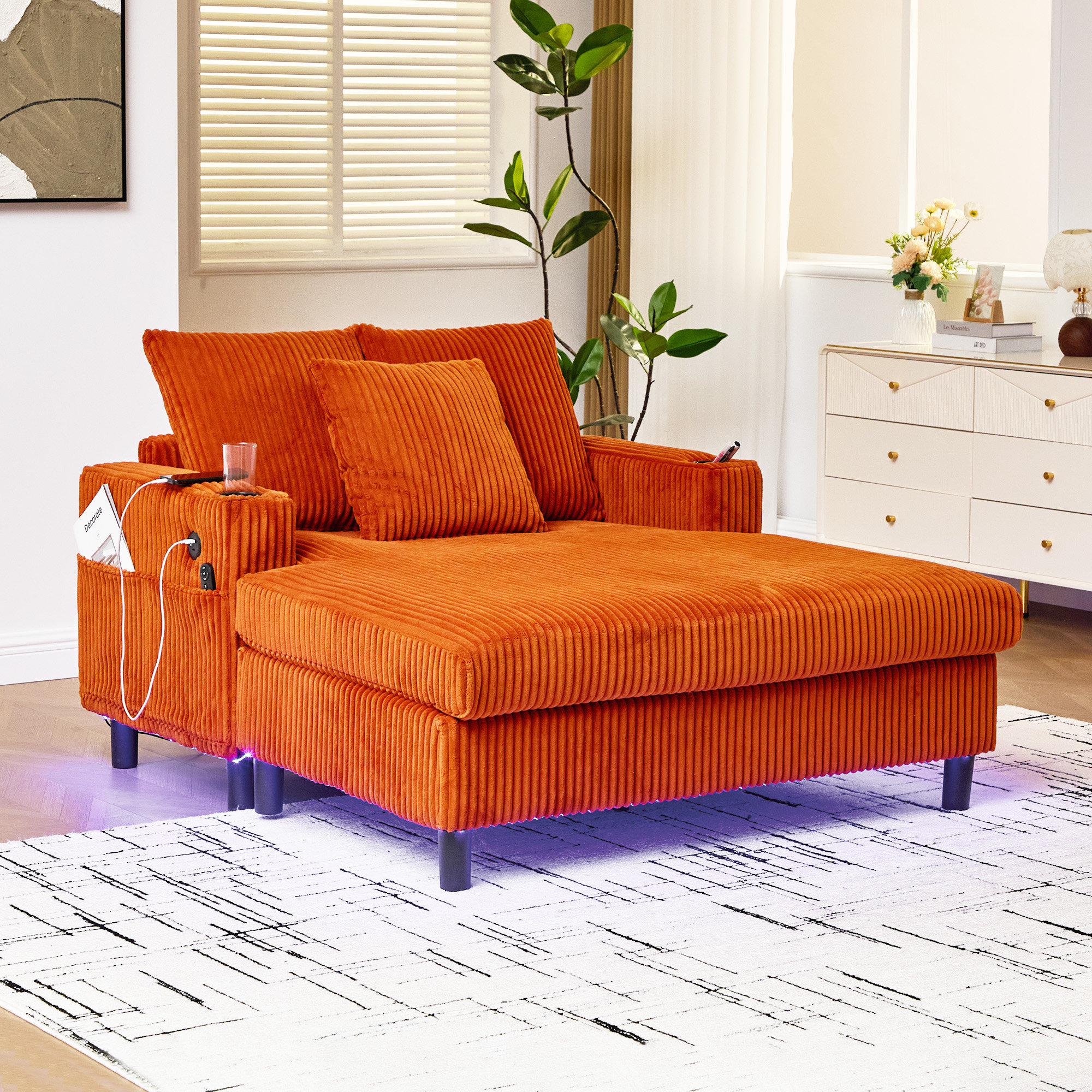 Ivy Bronx Chaise Lounge Chair With Throw Pillows And Armrests,corduroy ...