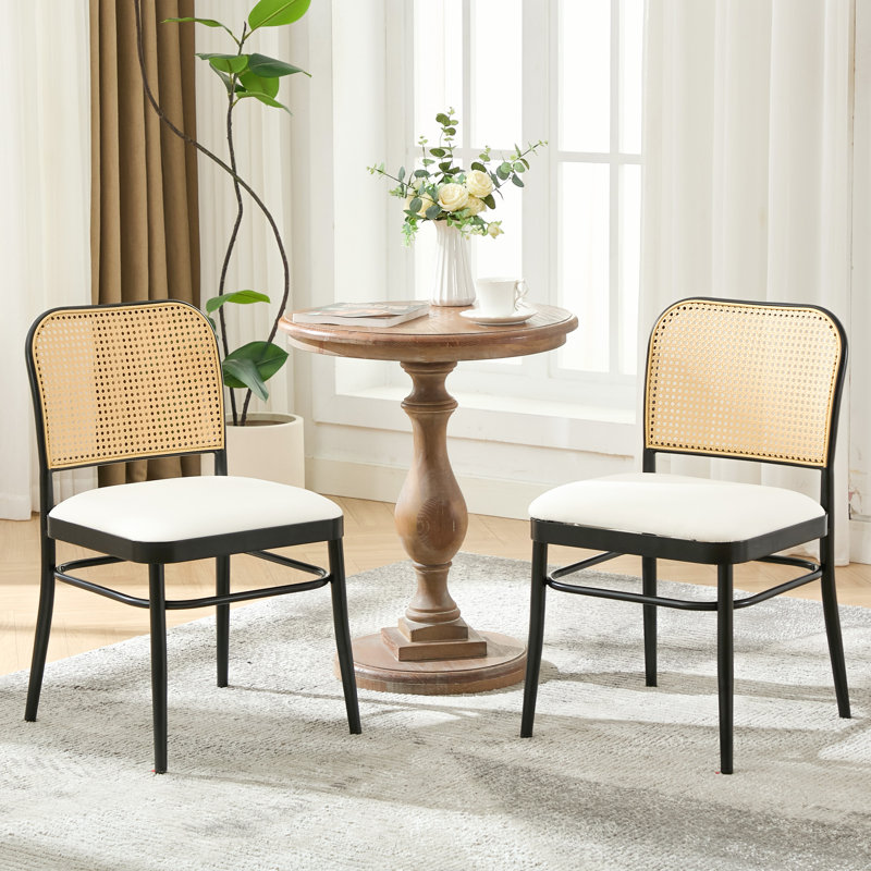 Chaise d'appoint moderne rembourrée en similicuir avec dossier en rotin, 2, Blanc