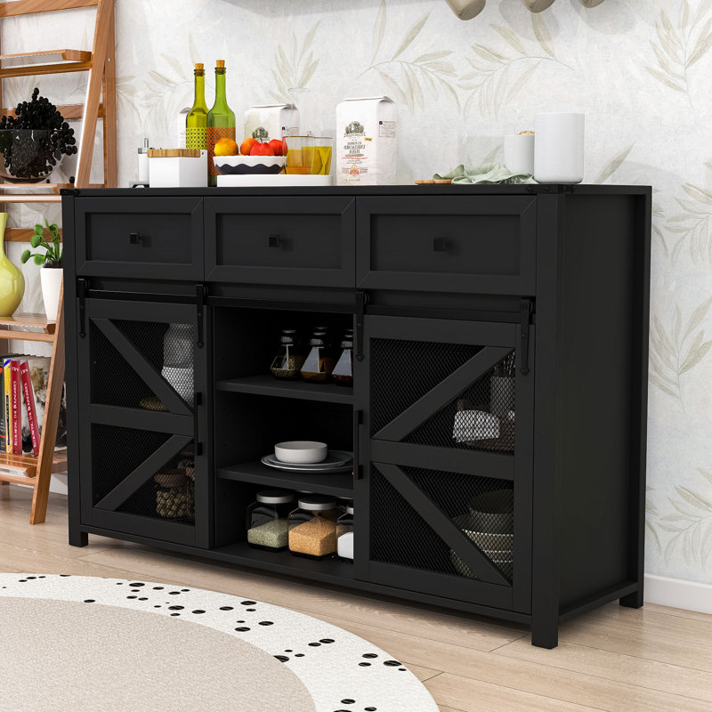 Buffet à portes coulissantes avec 3 tiroirs, tablettes réglables et portes grillagées en métal, Noir