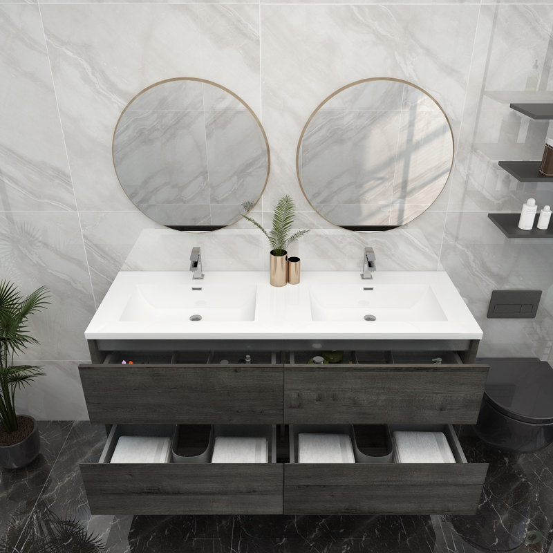 60'' Double Bathroom Vanity with Acrylic Top, Smoke Oak