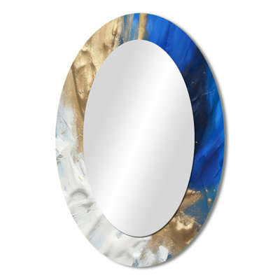 Transcendence Abstract In Blue And Gold II - Abstract Oval Decorative Mirror On Metal
