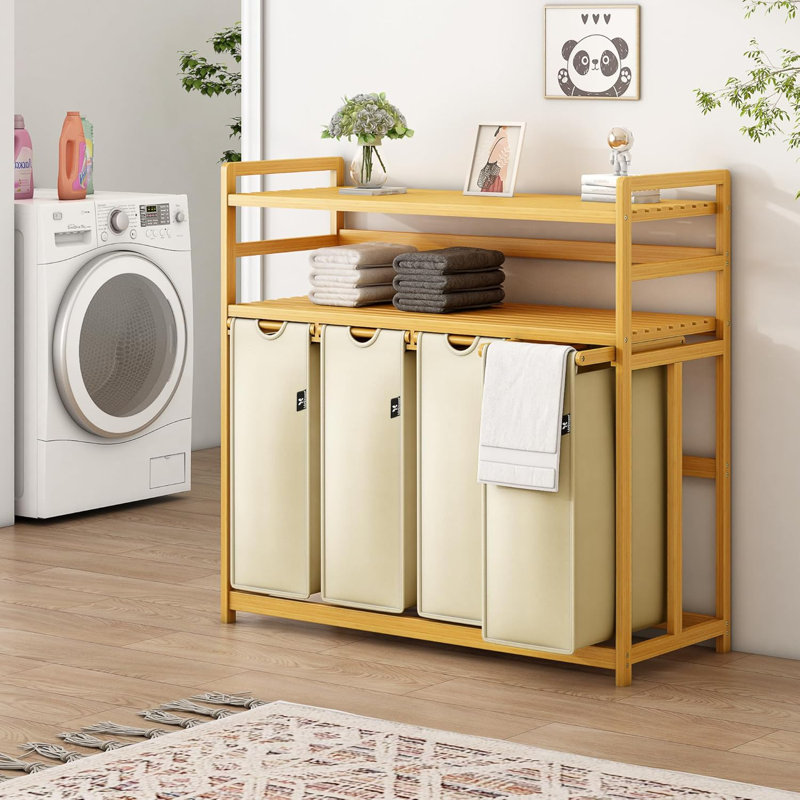 Rangement en bambou pour panier à linge, Blanc, 39.4" H  x 40.5" W x 16.3" D